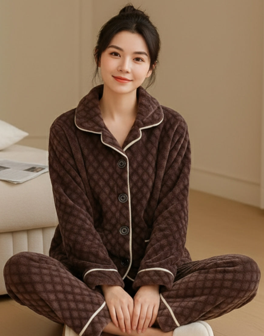 Chocolate Brown Diamond Quilted Fleece Pajama Set
