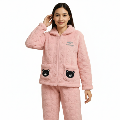 Plush Quilted Fleece Pajama Set - Zip-Up with Bear Pockets