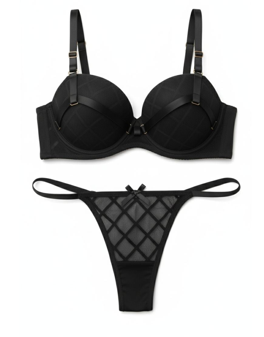 Luxury Teal Diamond Mesh Padded Bra Set