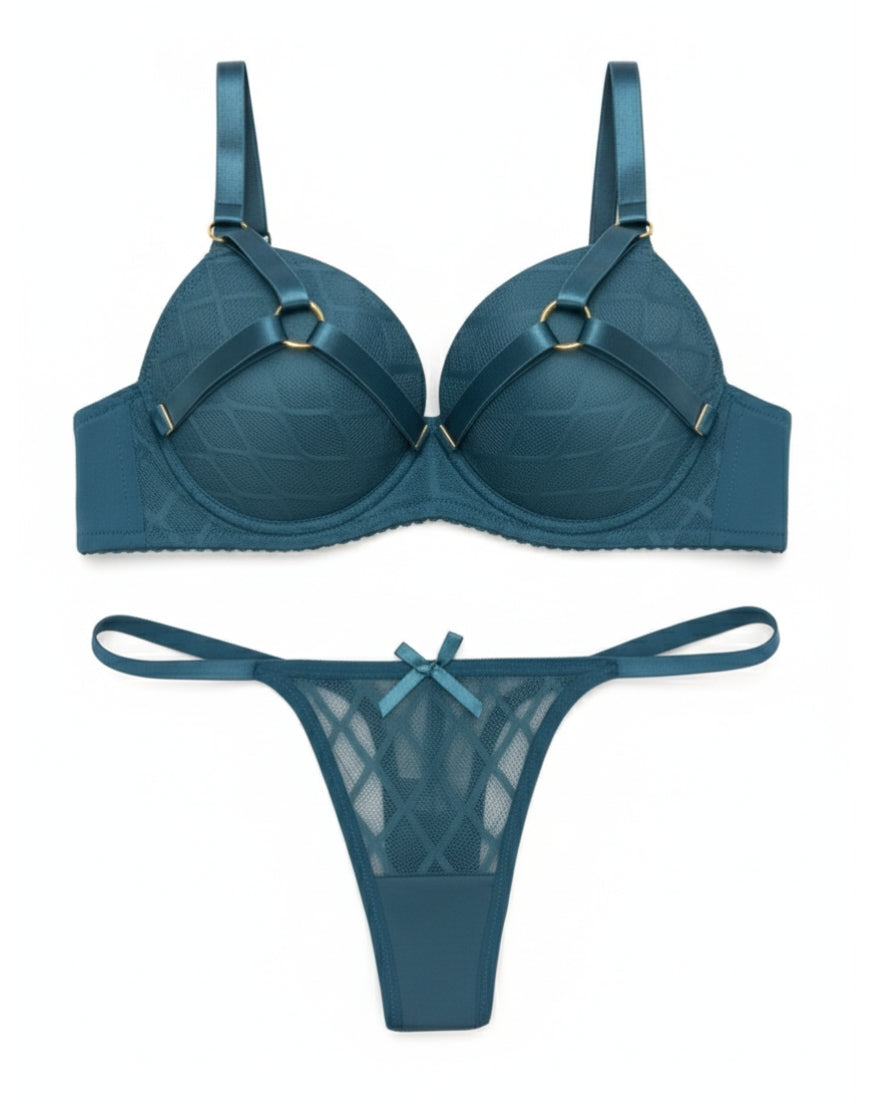 Luxury Teal Diamond Mesh Padded Bra Set