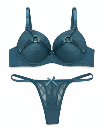 Luxury Teal Diamond Mesh Padded Bra Set