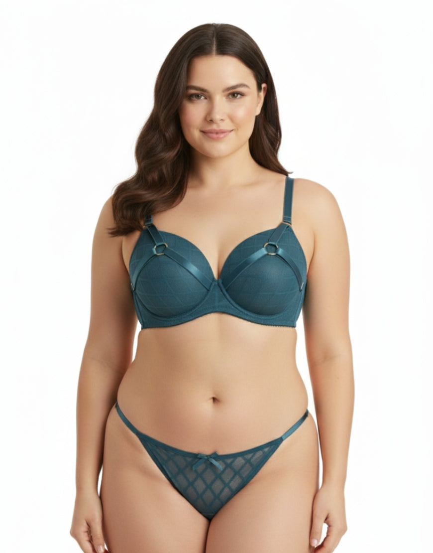 Luxury Teal Diamond Mesh Padded Bra Set