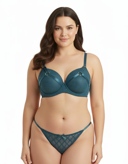 Luxury Teal Diamond Mesh Padded Bra Set