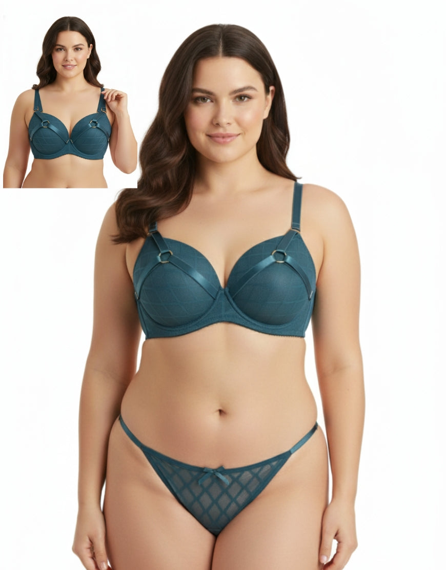 Luxury Teal Diamond Mesh Padded Bra Set