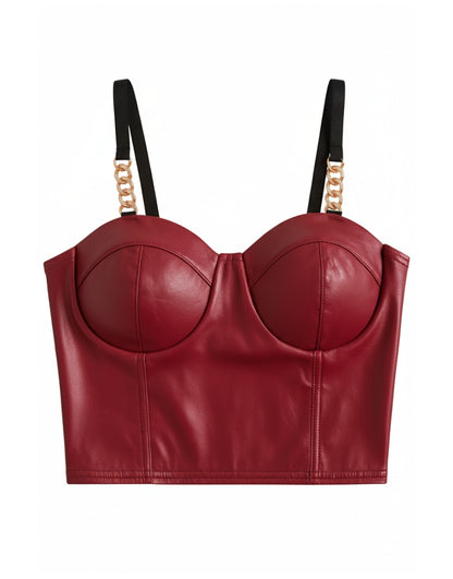 Faux Leather Chain Strap Corset Crop Top