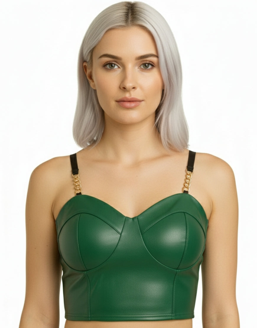 Faux Leather Chain Strap Corset Crop Top