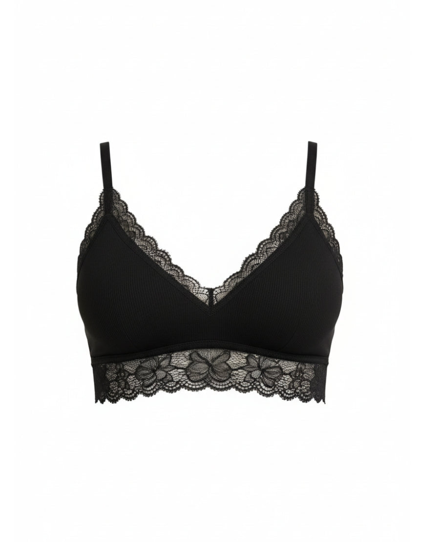 Luxurious Lace Trim V-Neck Bralette - Soft Ribbed Fabric - LushFit