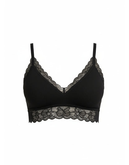 Luxurious Lace Trim V-Neck Bralette - Soft Ribbed Fabric - LushFit