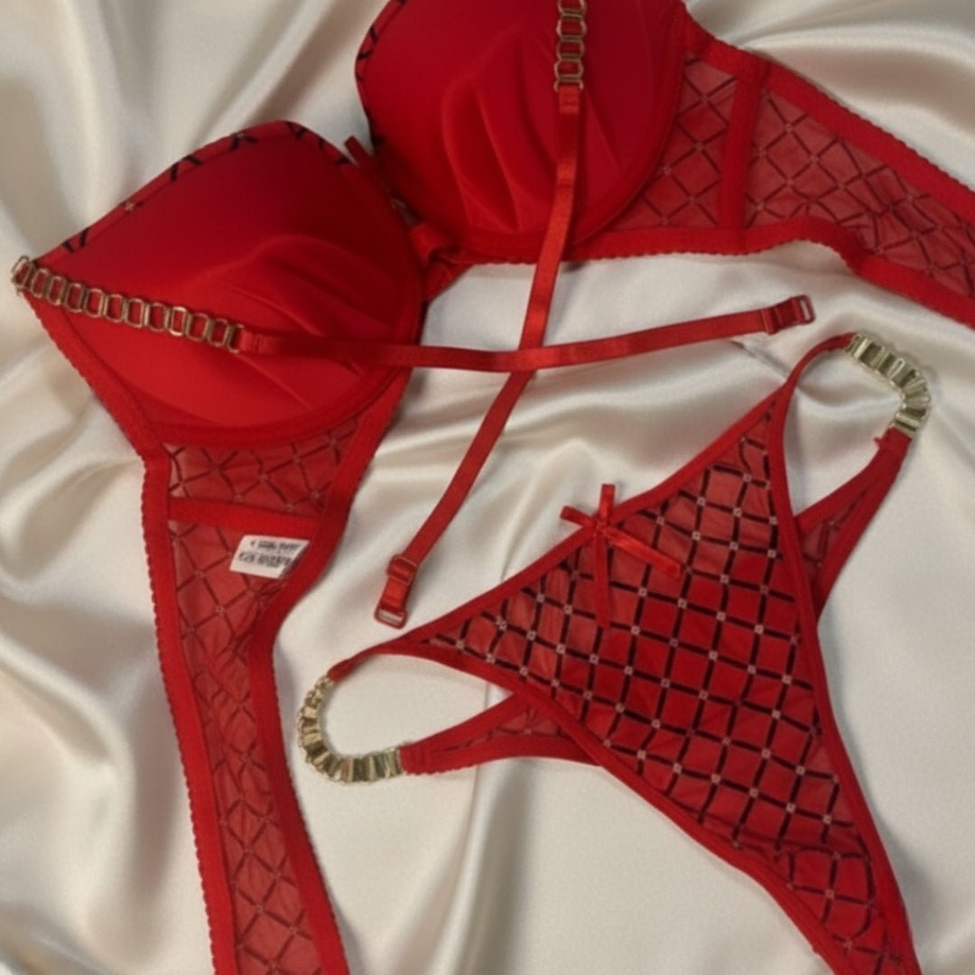 ❤️ Red Passion Mesh Bra & Thong Set – Cage Strap Lingerie - LushFit