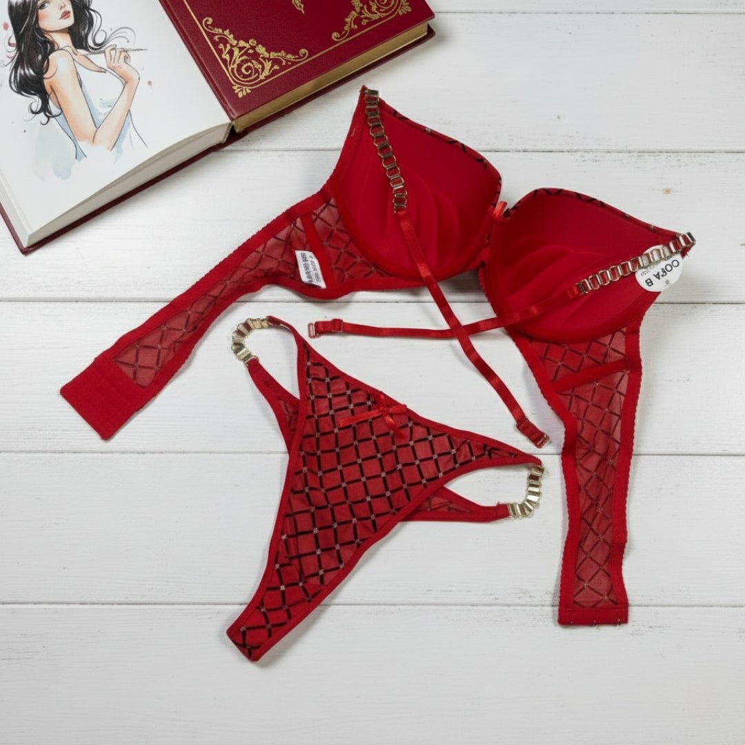 ❤️ Red Passion Mesh Bra & Thong Set – Cage Strap Lingerie - LushFit