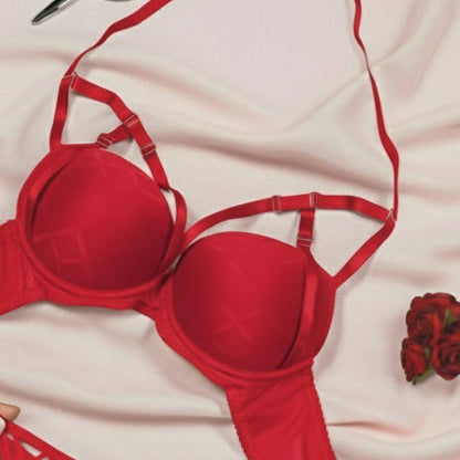 Romantic Red Lingerie Set – Lace Push - Up Bra & Matching Panty" - LushFit
